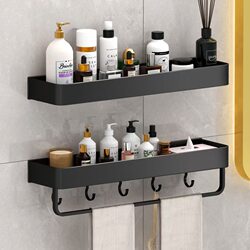 Bathroom Shelf Wall-Mounted Space Aluminum Black Toilet Shower Shelf No-Drill Washroom Rack
