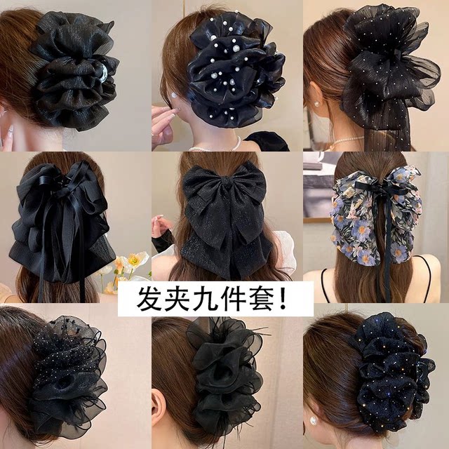 Black mesh bow scratching on the back of the head shark clip large-sized hair temperament hair clip 2025 new women
