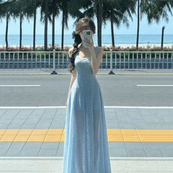French-Style Sweet Blue Spaghetti Strap Dress for Women, Summer Design, Very Pretty, Vacation Style, Slim-Fitting Waist-Cinching Long Dress