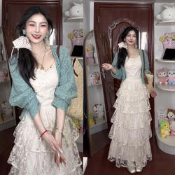 Spring Ootd Outfit: Long Early Spring Beautiful Suspender Dress for Women, 2026 New Style Long Dress, Cake Dress Set