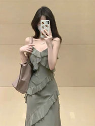 Summer French-Style High-End Sexy Suspender Dress for Women with a Unique Design, Gentle Style, Ruffled Chiffon Long Dress