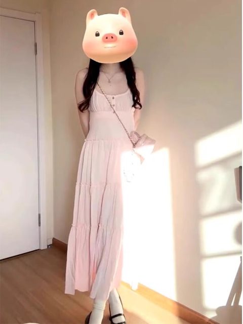 2025 Summer New Pink Floral Rose French Fishtail Long Suspender Dress R0956