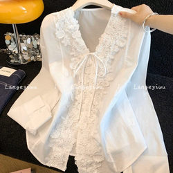 Nanyou High-Quality Women's Clothing! Early Spring White Lace V-Neck Tie Shirt Women's Summer Long-Sleeve Sunscreen Blouse Top