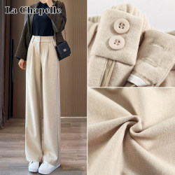 La Chapelle Autumn and Winter Fleece-Lined Wide-Leg Pants for Women 2025 New Style Petite High-Waisted Casual Straight Woolen Pants