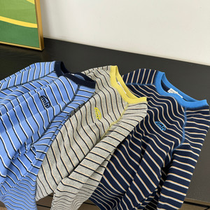
25 new autumn round neck striped children's long-sleeved T-shirts for middle-aged and older boys and girls tops 6506