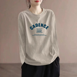 Women's Export Clothing 100% Pure Cotton Long-Sleeve T-Shirt Base Layer 2025 Spring and Autumn New Round Neck Slimming Printed Top Trendy