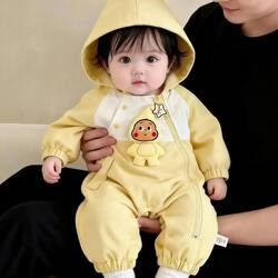Baby Spring and Autumn Jumpsuit, Super Cute Boy's Spring and Autumn Outfit, Double-Layer Crawling Suit, Hooded Outdoor Jacket