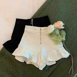 2024 Summer High-Waisted A-Line Ruffled Shorts for Petite Women, Slimming and Versatile Black Wide-Leg Shorts