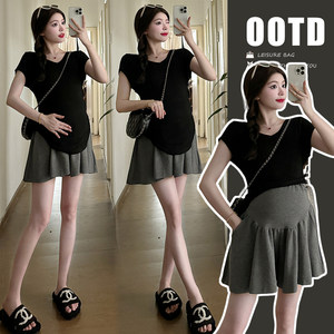 
Maternity summer suit 2026 new summer pregnancy wear French short-sleeved top shorts petite two-piece set