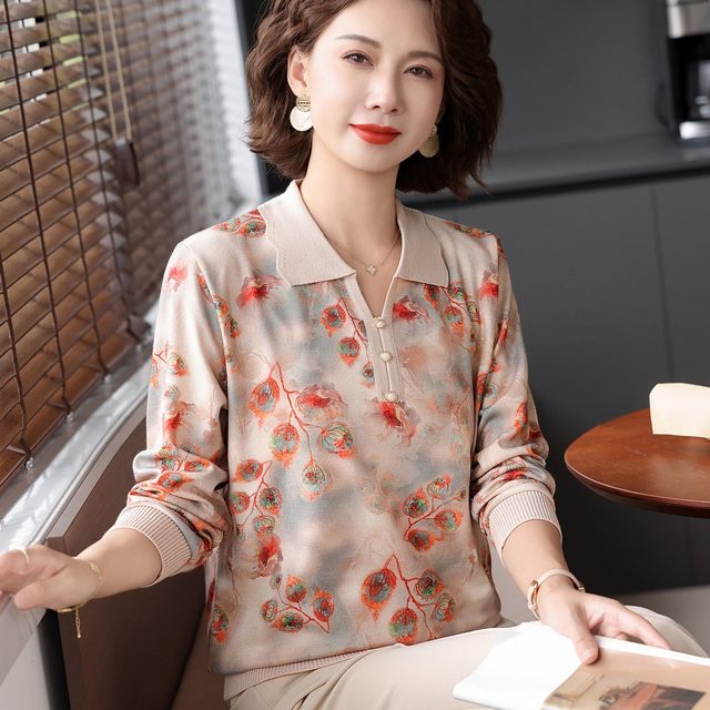 Early autumn mother wears lapel gold silk cotton T-shirt small shirt autumn suit middle-aged and elderly women's spring and autumn base top