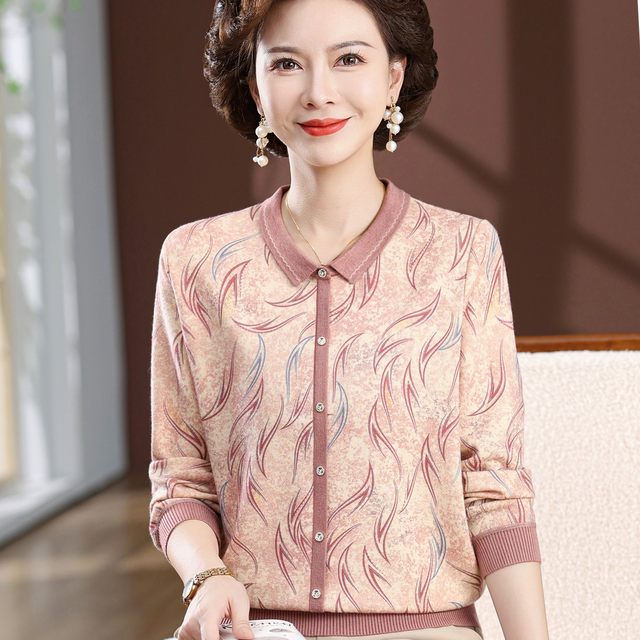Mom suit spring and autumn thin cotton T-shirt top middle-aged and elderly women's autumn new knitted lapel base sweater