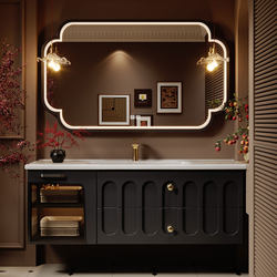 French-Style Vintage Bathroom Cabinet with Integrated Ceramic Basin, Oak Washbasin Cabinet Set for Bathroom