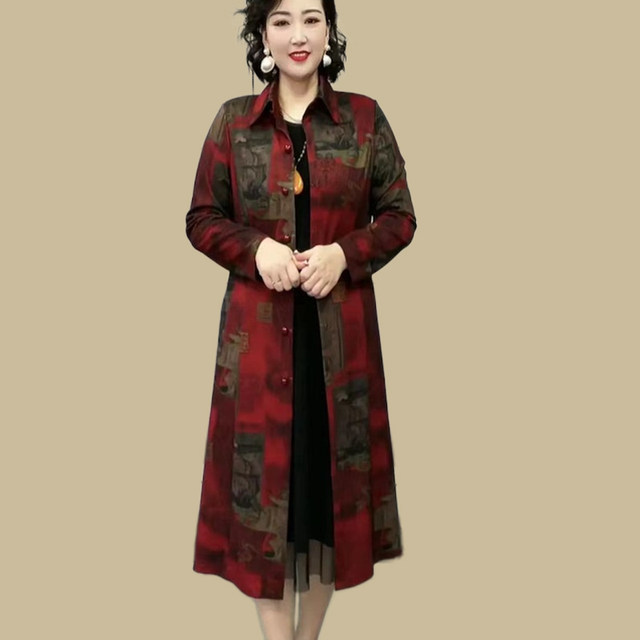 Autumn and winter new style large size women's single-breasted windbreaker mid-length printed slimming knee-high high-end temperament coat