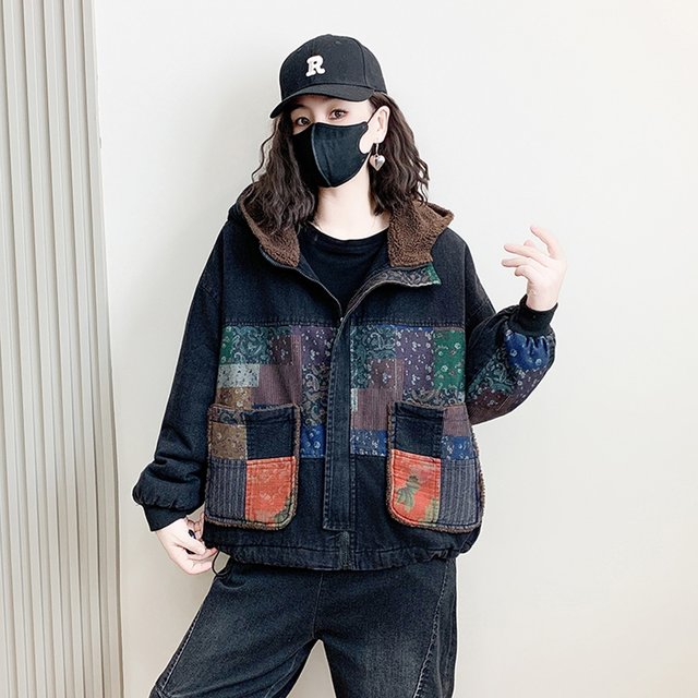 Velvet thickened washed denim hooded jacket autumn and winter new women's versatile casual zipper warm cotton jacket