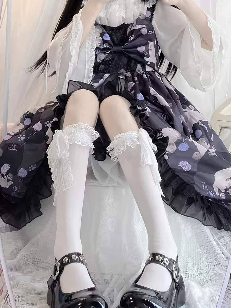 白色长筒袜子女日系夏季薄款天鹅绒系带蕾丝花边膝下洛丽塔小腿袜
