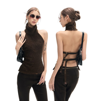 
Fanptntox plush warm turtleneck halterneck sleeveless vest retro hottie waist backless strappy top