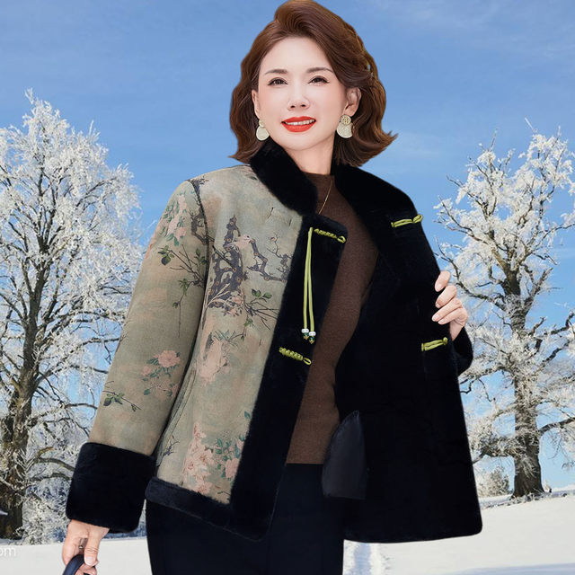 New Chinese style mother's winter fur all-in-one coat for women, reversible Chinese style gold mink velvet fur coat for middle-aged and elderly people