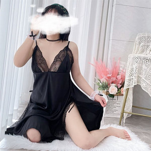 
Summer clothing fat mm2-300*0.5kg large size ice silk sexy pure desire style hollow lace spliced ​​loose suspender nightgown for women