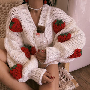 
2025 autumn and winter new thickened thick threaded strawberry sweater for women's handmade three-dimensional crochet sweet knitted cardigan jacket