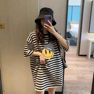 
Maternity top summer suit 2025 new large size cotton cover butt medium length loose versatile striped T-shirt short sleeves