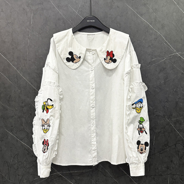 2025 spring new cartoon design doll collar long sleeve white shirt for women loose casual and versatile age-reducing shirt