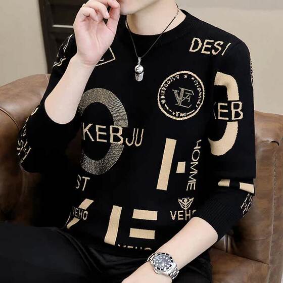 Round -neck sweater men's autumn and winter tide brand trend, warm and velvet thickened knitted bottoming shirt with men's clothing, clothes
