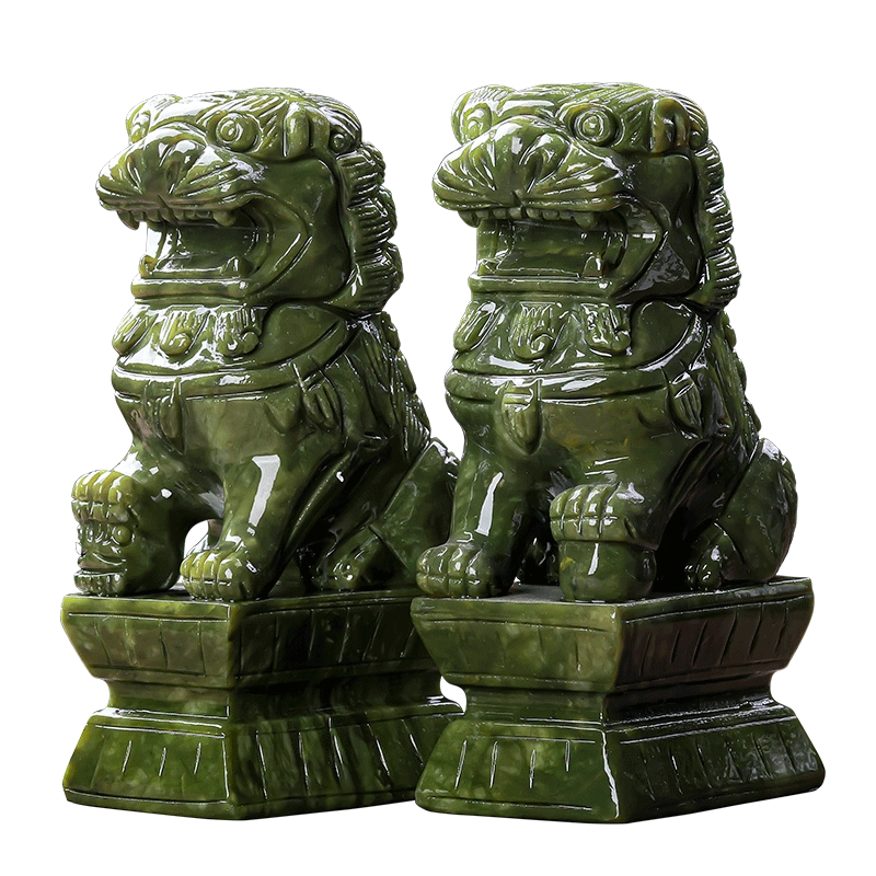 天然玉石獅子擺件一對岫玉南玉雕刻桌面家居客廳裝飾品玄關置物架-Taobao