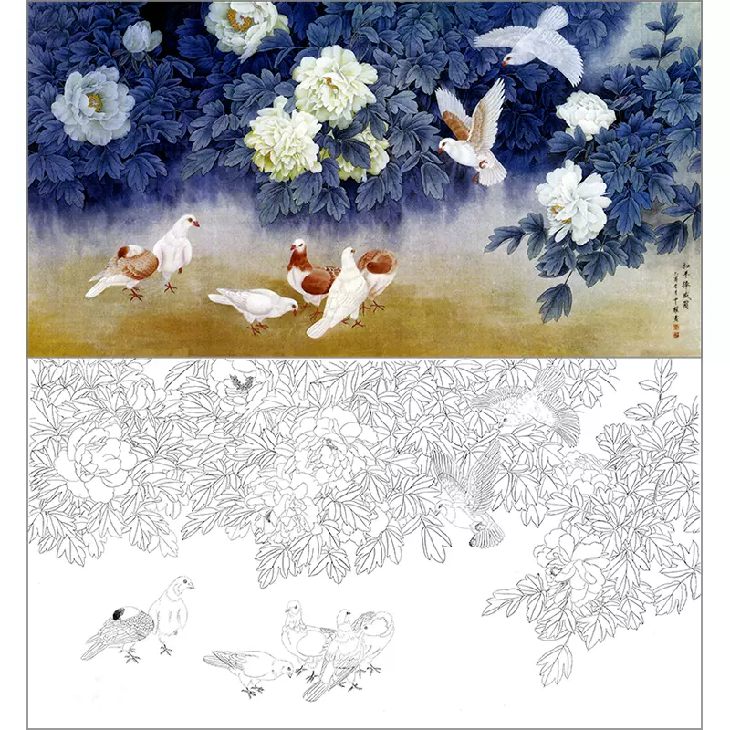 HF132周中耀工笔画国画花鸟牡丹白鸽白描底稿临摹勾线实物打印稿-Taobao