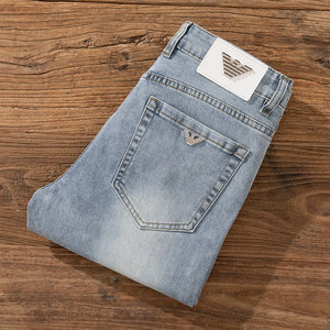 
European station autumn and winter retro light blue jeans men's slim fit elastic trendy men's casual long pants