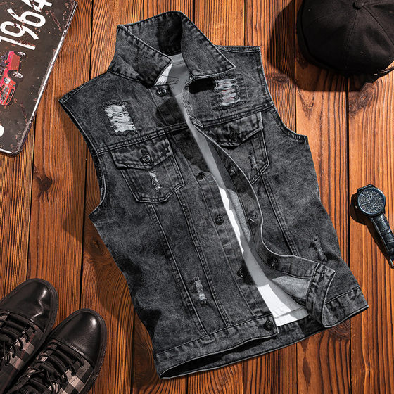 
Denim jacket men's Hong Kong style ins lapels with washing ripped vest vest spring and autumn retro vest jacket
