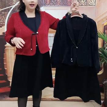 
Large size French retro fake two-piece mid-length dress