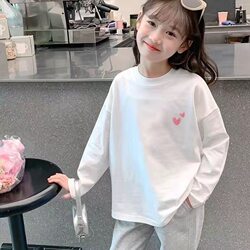 100% Pure Cotton Girls' T-Shirt, New Spring and Autumn Base Shirt, White Long-Sleeved Top for Little Girls, Medium and Large Children