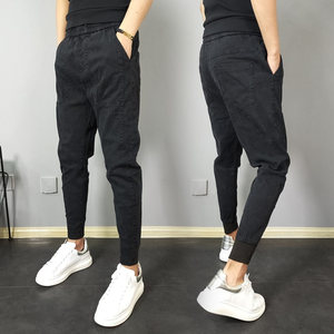 Autumn men's jeans Korean version of slim -fitting pants solid color versatile pants net red bouquet Haron cropped men