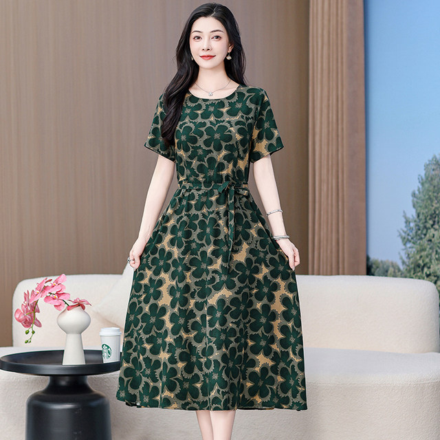 New temperament middle-aged and elderly cotton silk dress summer high ...