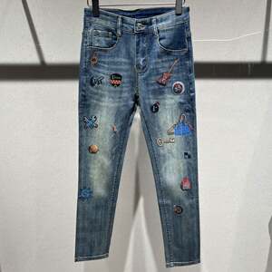 
European Spring and Summer Men's Jeans Small Foot Slim Fit Fashion Brand Fashion Personalized Printed Stretch Casual Long Pants