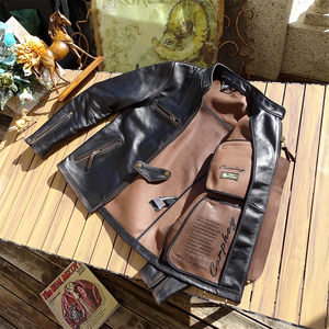 
Unlined design, top layer tea core pony leather J100 collar live loop men's standing collar slim leather jacket