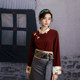 Huamei retro, wine red stand -up collar shirt original design women's clothing autumn gas collection top, national wind disk buckle
