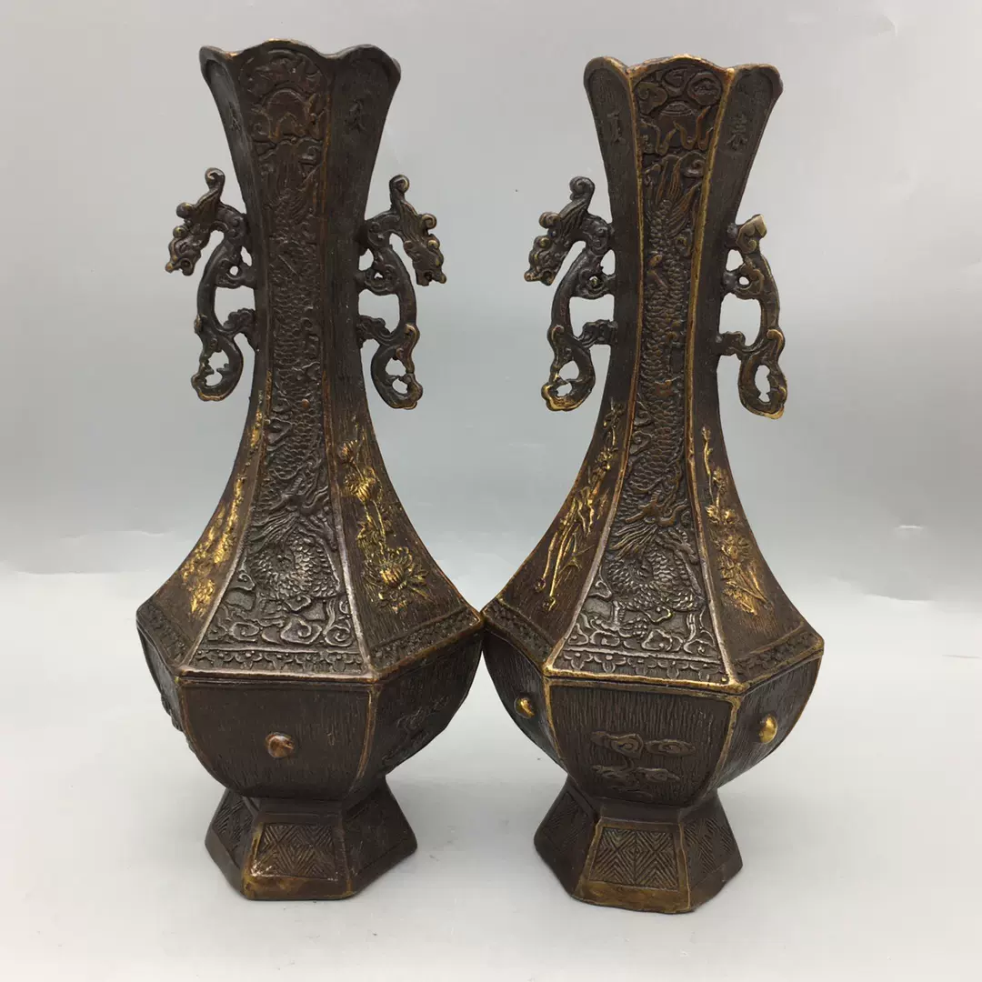 古玩铜器收藏双龙耳六角花瓶一对工艺精湛型态完整家居装饰礼品-Taobao