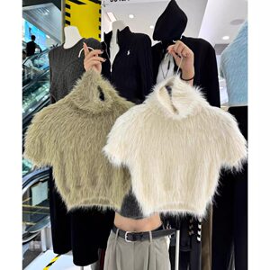 
High-end white mink plush turtleneck short-sleeved sweater for women autumn and winter short knitted half-sleeved bottoming shirt top