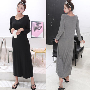 Summer Korean version of thin bottom skirt Modal long sleeve long skirt women wearing round neck loose dress large size night nights