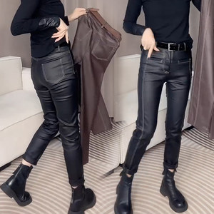 
European open-stitched small-leg cigarette pants plus velvet layered leather pants 2024 autumn and winter new slimming pencil nine-point pants