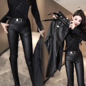 European autumn and winter new versatile coated straight leather pants for women with velvet elastic slimming nine-point pencil pants fashionable boot pants