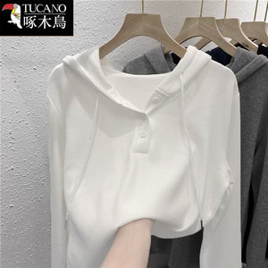 
Woodpecker Spring and Autumn Thin Solid Color Hooded Sweatshirt for Women 2025 New Long Sleeve Casual Simple Sports Top Trend