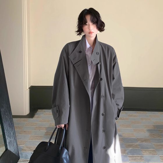 
Jiuwu Homemade [Huiyu Shuhen] Hong Kong Style Retro Autumn New Style 100% Cotton Single-breasted Long Windbreaker Jacket