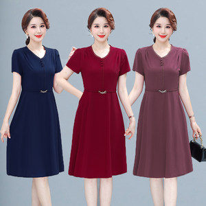 
Mom Modal dress for women in summer middle-aged and elderly short-sleeved thin solid color temperament slim large size mid-length skirt cotton