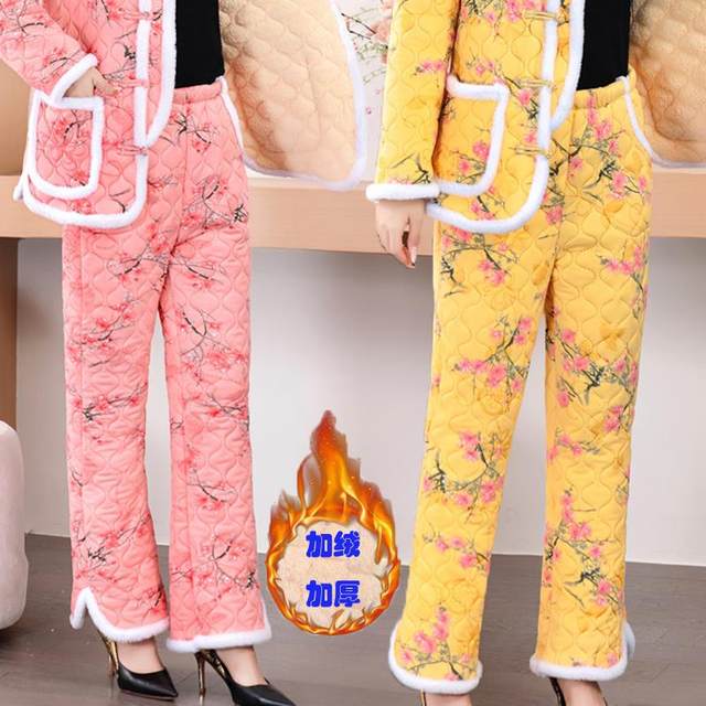 Mother's warm and cold-proof mother's pants ethnic style women's pants elastic pants Northeast large flower cotton pants women's velvet thickened trousers