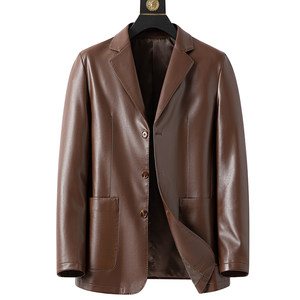 
Brand off-code spring and autumn leather jacket, middle-aged lapel buttoned style plus fleece leather jacket, business casual high-end leather jacket