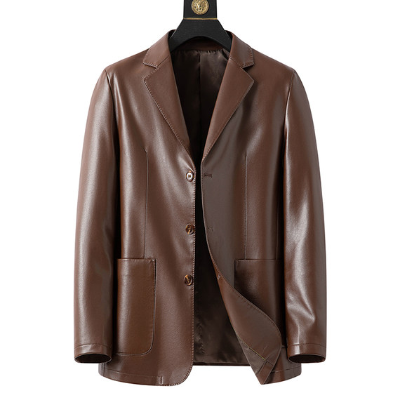 
Brand off-code spring and autumn leather jacket, middle-aged lapel buttoned style plus fleece leather jacket, business casual high-end leather jacket