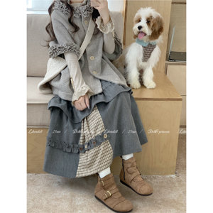 
DOLL Original-Snowmelt Notes-Designed cape blouse gray patchwork midi skirt two-piece set autumn and winter