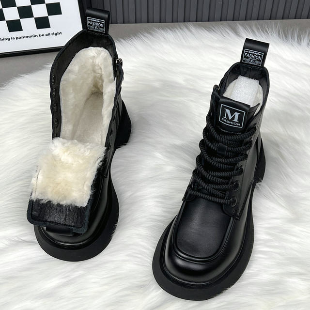 Genuine leather wool snow boots fur all-in-one short boots Martin boots for women winter warm thickened thick sole anti-slip cotton shoes for women